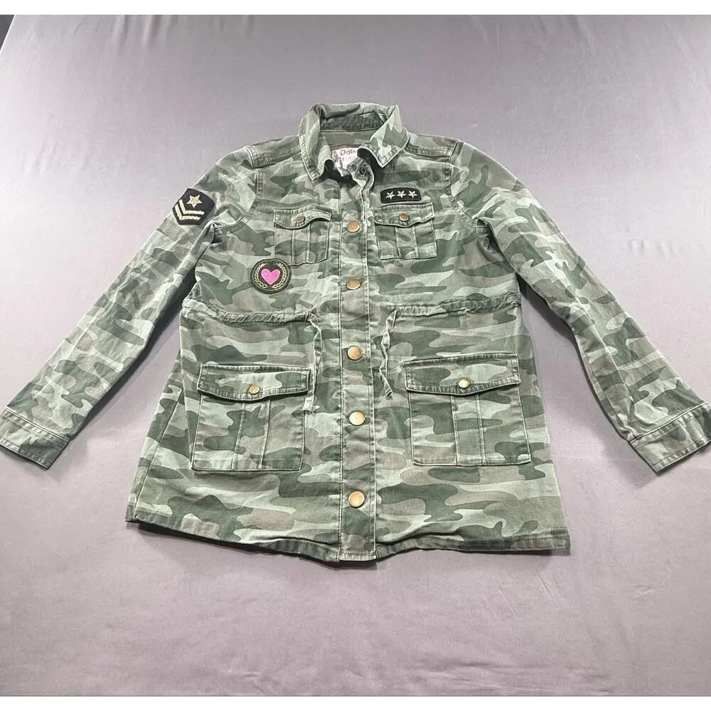 Justice Girls Camo Utility Jacket Heart Patch Drawstring Waist Size 8/10